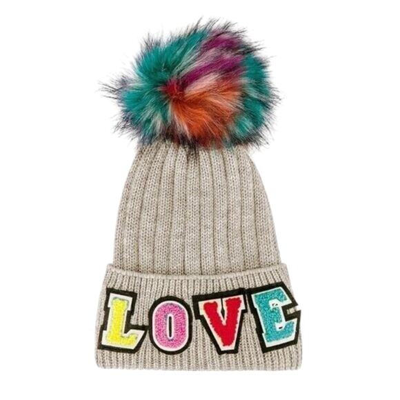 NWT Jocelyn Faux Fur Pom Multi-Color Rainbow “LOVE” Beanie - Picture 2 of 7